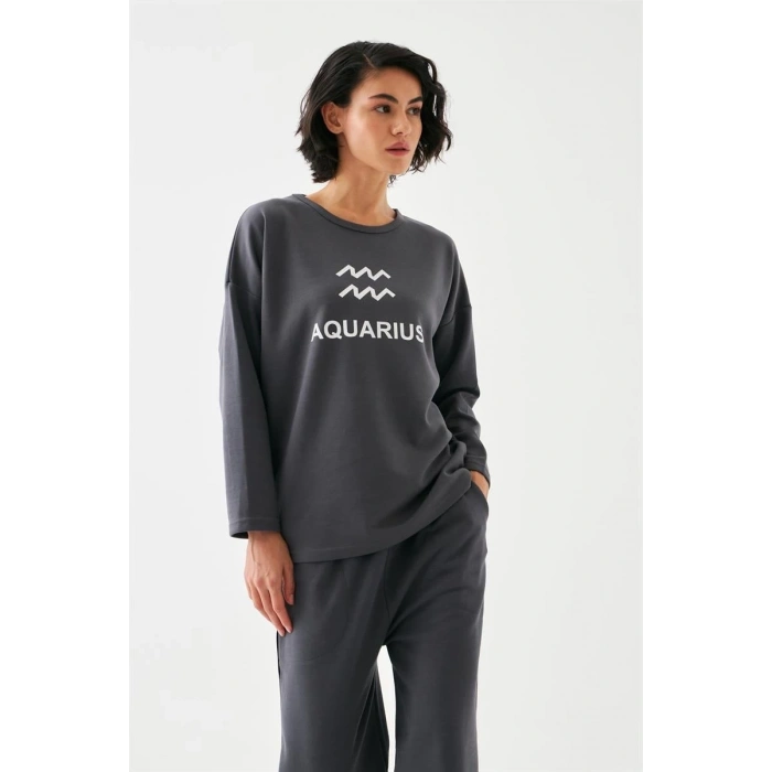 Kadın Füme Kova Burcu Oversize 2 İplik Eşofman Ev Giyim Takımı