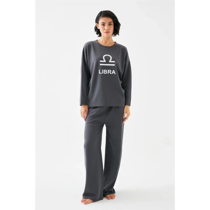 Kadın Füme Terazi Burcu Oversize 2 İplik Eşofman Ev Giyim Takımı