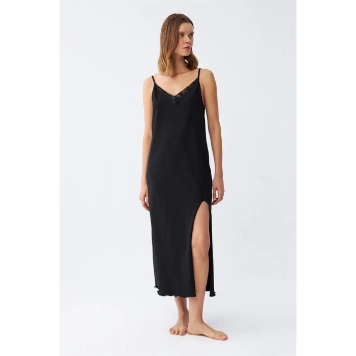Kadın İp Askılı Uzun Gecelik Siyah