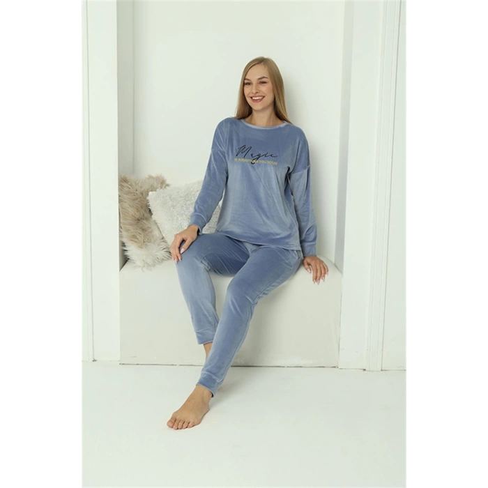 Kadın Kadife Mavi Pijama Takım