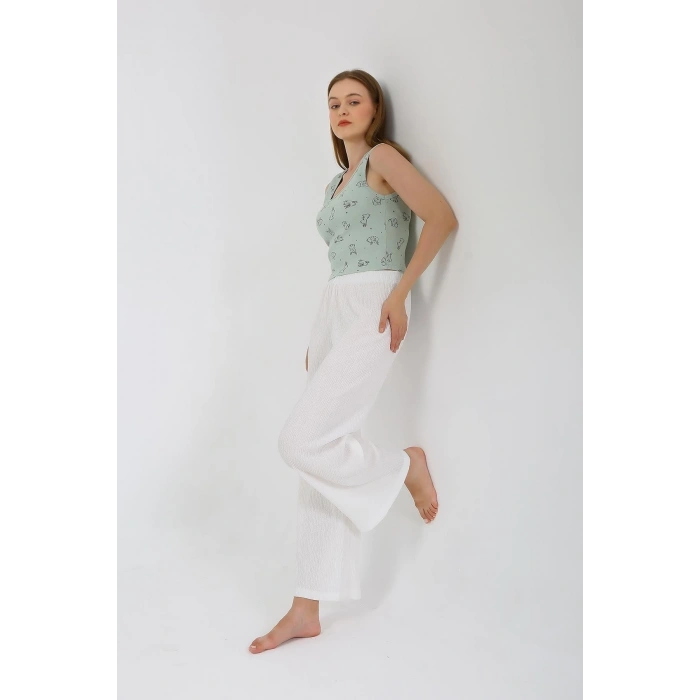 Kadın Kalın Askılı Body Bol Paça Pantolon 2`li Takım Beyaz