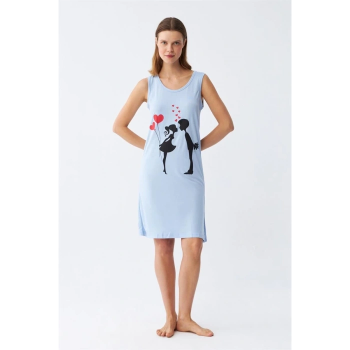 Kadın Kalın Askılı Penye Diz Üstü Mavi Gecelik