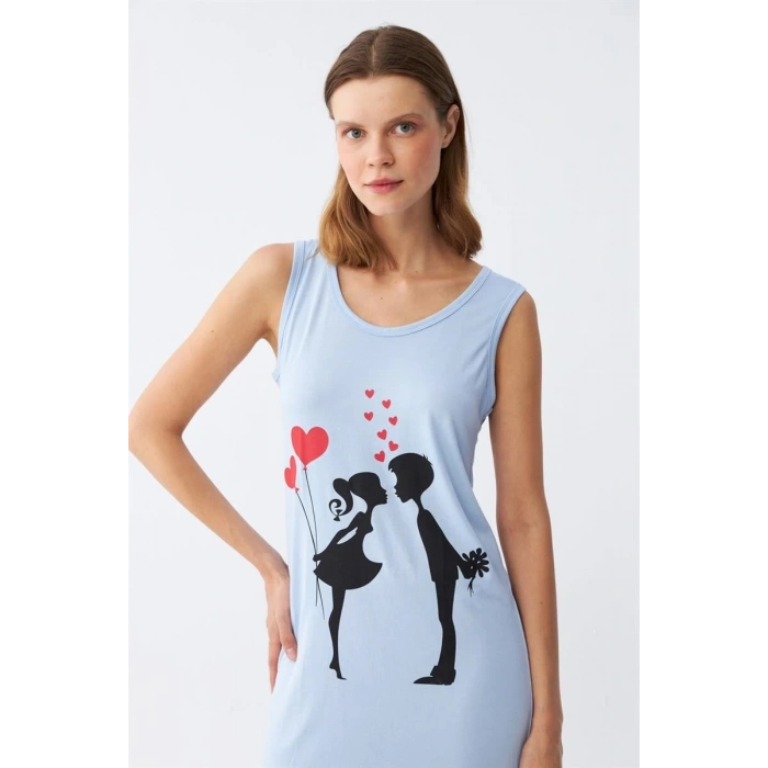 Kadın Kalın Askılı Penye Diz Üstü Mavi Gecelik