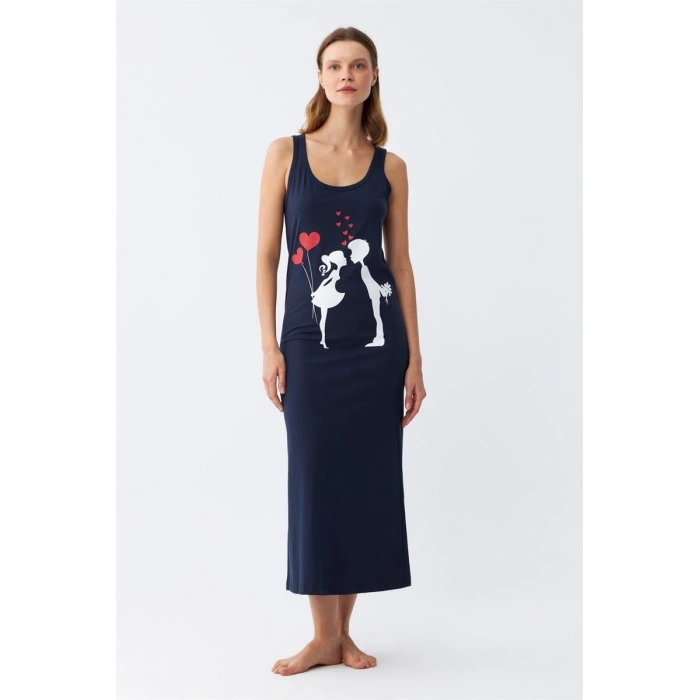 Kadın Kalın Askılı Penye Uzun Lacivert Gecelik