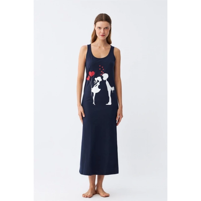 Kadın Kalın Askılı Penye Uzun Lacivert Gecelik