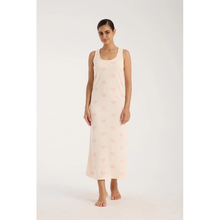 Kadın Kalın Askılı Yırtmaçlı Uzun Pudra Gecelik