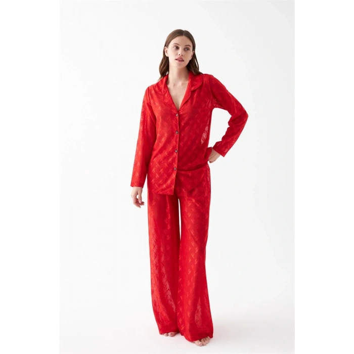 Kadın Kırmızı Şeffaf Jakar Düğmeli Pijama Takımı