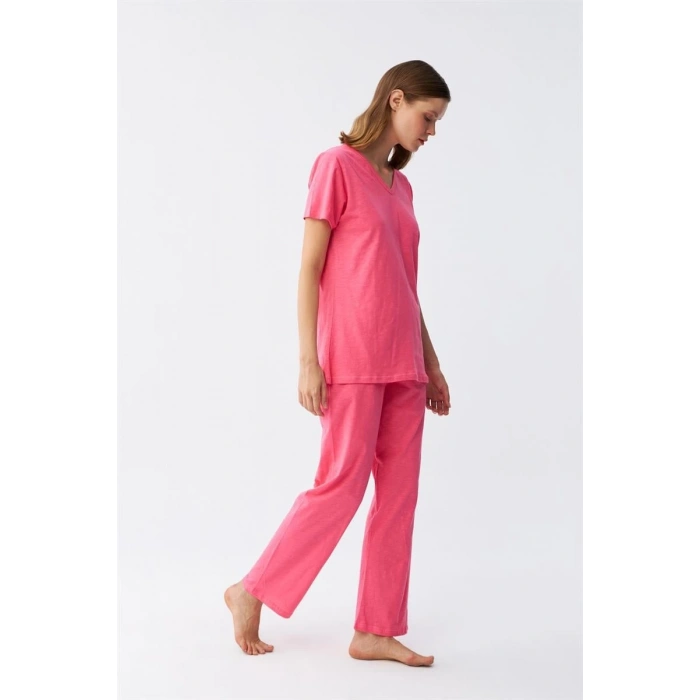 Kadın Kısa Kol Pamuk Penye Pijama Takım Fuşya
