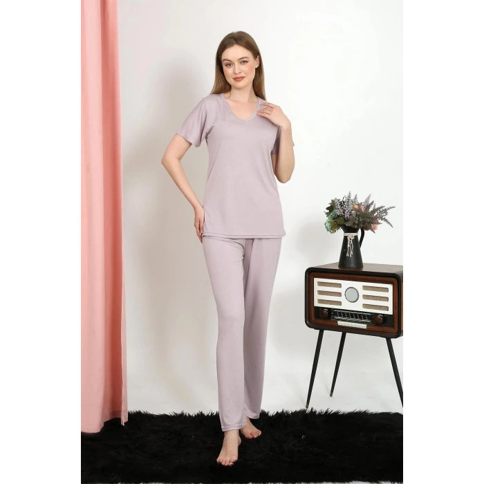 Kadın Kısa Kol Pamuk Penye Pijama Takım Pudra