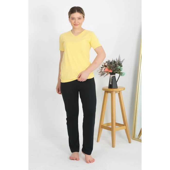 Kadın Kısa Kol Pamuk Penye Pijama Takım Sarı