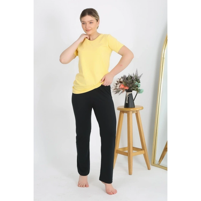 Kadın Kısa Kol Pamuk Penye Pijama Takım Sarı