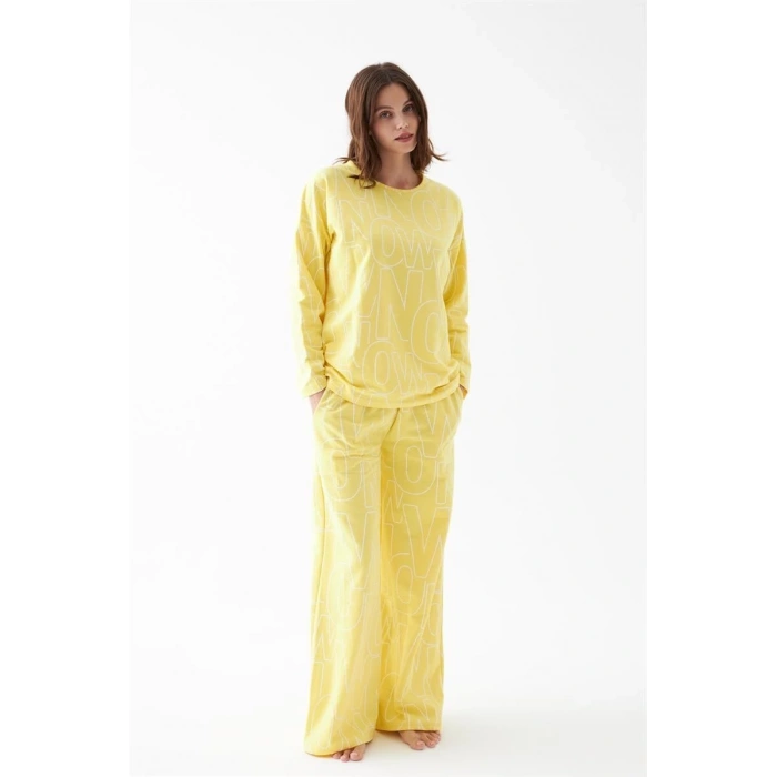 Kadın Oversize Sarı Desenli Pamuklu Kalın Pijama Takımı