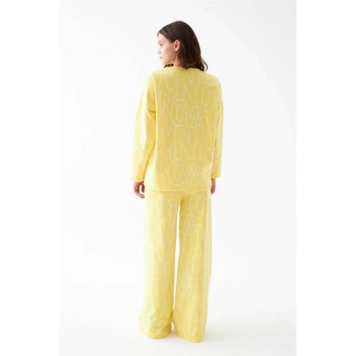 Kadın Oversize Sarı Desenli Pamuklu Kalın Pijama Takımı