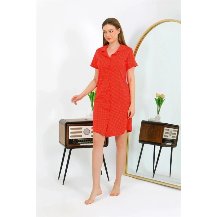 Kadın Pamuk Penye Kısa Kol Düğmeli Kırmızı Tunik Gecelik