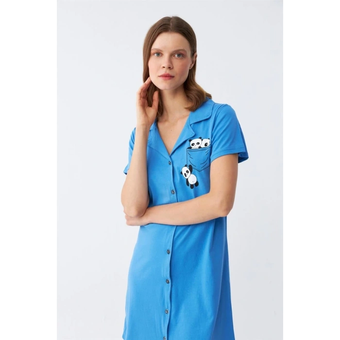 Kadın Pamuk Penye Kısa Kol Düğmeli Mavi Tunik Gecelik