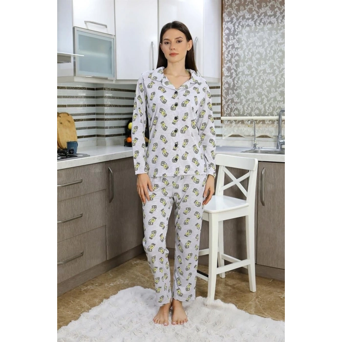 Kadın Pamuk Penye Önden Düğmeli Uzun Kol Pijama Takım Gri