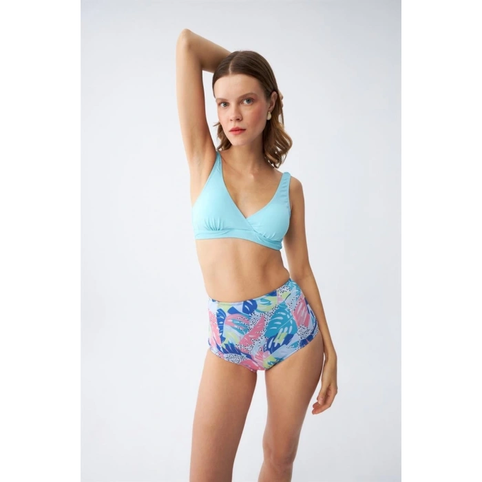 Kadın Pedli Üst Tropik Desenli Yüksek Bel Bikini Takımı - Buz Mavisi