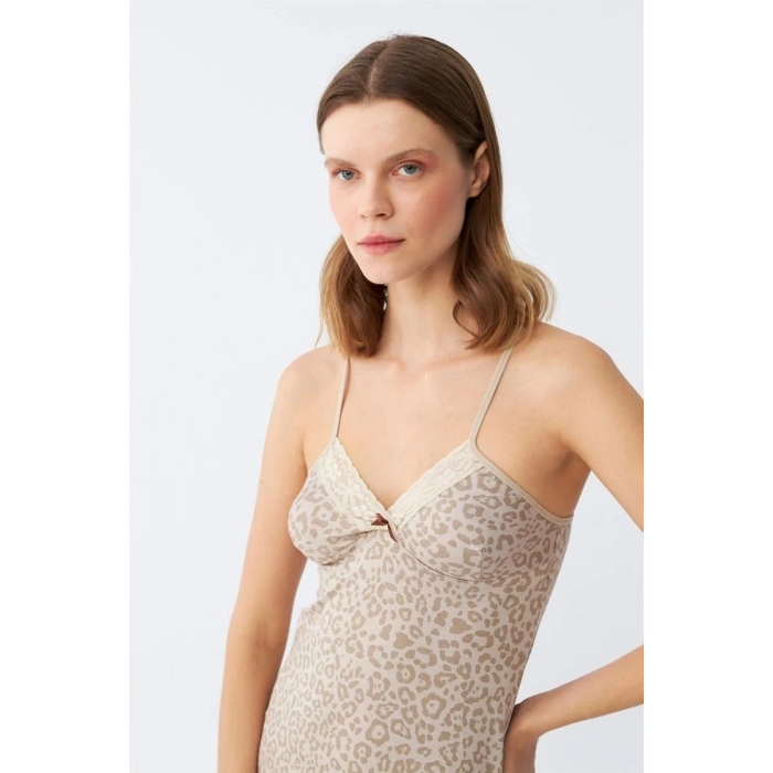 Kadın Penye Vizon Leopar Desenli İp Askılı Gecelik