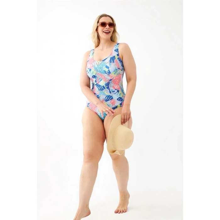 Kadın Renkli Tropikal Desenli Büyük Beden Tek Parça Mayo