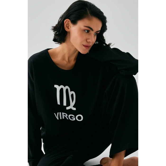 Kadın Siyah Başak Burcu Oversize 2 İplik Eşofman Ev Giyim Takımı