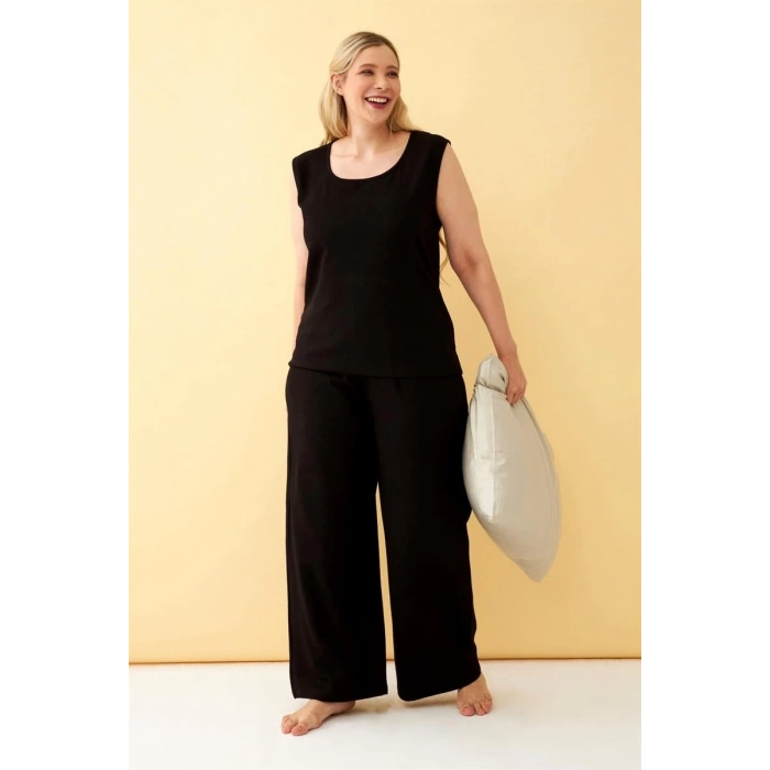 Kadın Siyah Keten Jakarlı Büyük Beden Alt Üst Takım