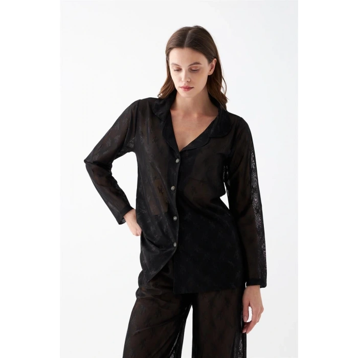 Kadın Siyah Şeffaf Jakar Düğmeli Pijama Takımı