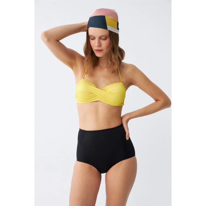 Kadın Straplez Sarı Yüksek Bel Bikini Takımı