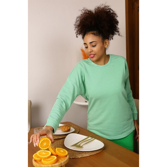 Kadın Uzun Kol 3 İplik Penye Pijama Takım Yeşil