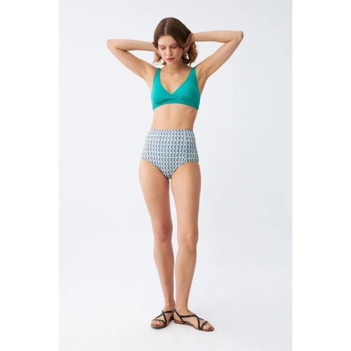 Kadın Yeşil Pedli Geometrik Desenli Yüksek Bel Bikini Takımı