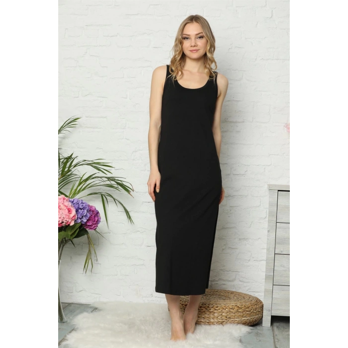 Kalın Askılı Siyah Penye Uzun Gecelik