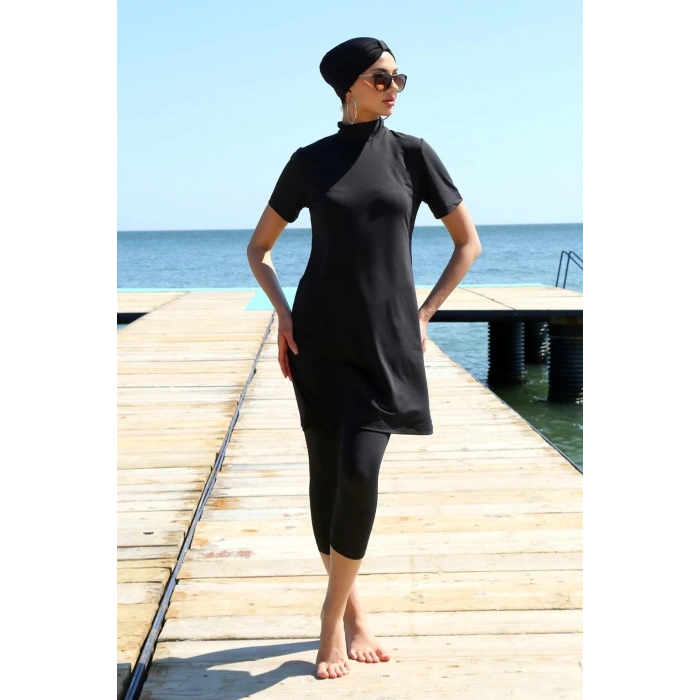 Kısa Kol Siyah Yarım Tesettür Mayo