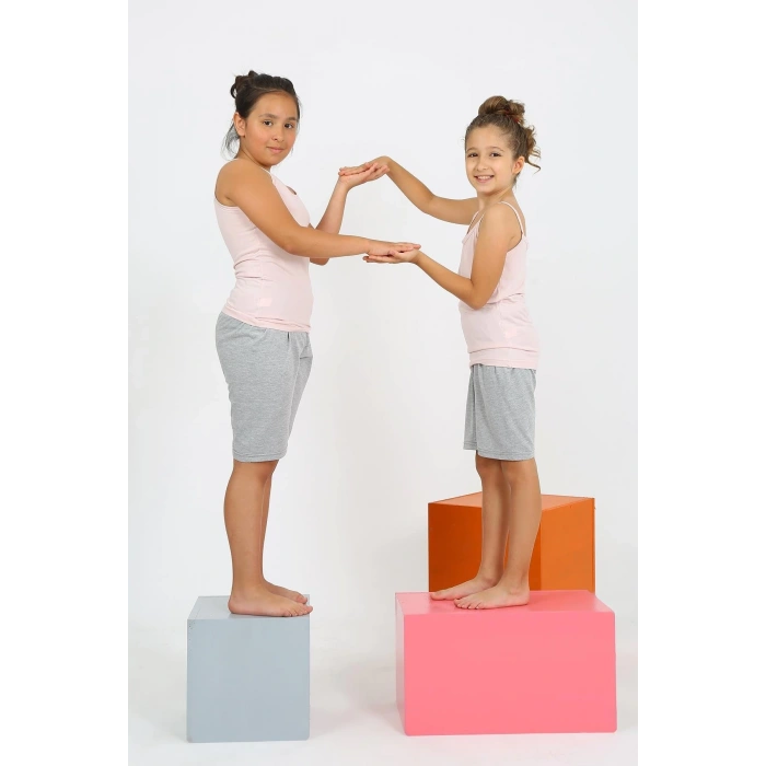 Kız Çocuk İp Askılı Şortlu Penye Pembe Pijama Takım