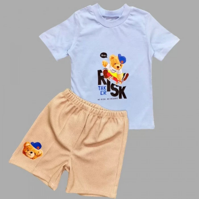 Lenaca 1-2-3 Yaş Kaykaycı Ayı Baskılı Şortlu Kısa Kollu Tişört 2li Erkek Bebek Takımı