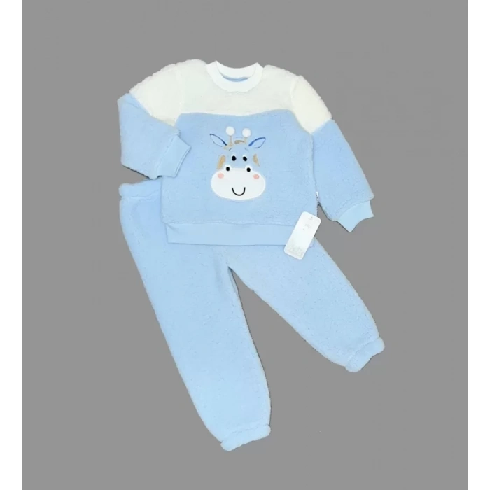 Lenaca 1-2-3 Yaş Ponponlu Zürafa Desenli Kuzu Kumaş Uzun Kollu 2li Kız Erkek Çocuk Takımı