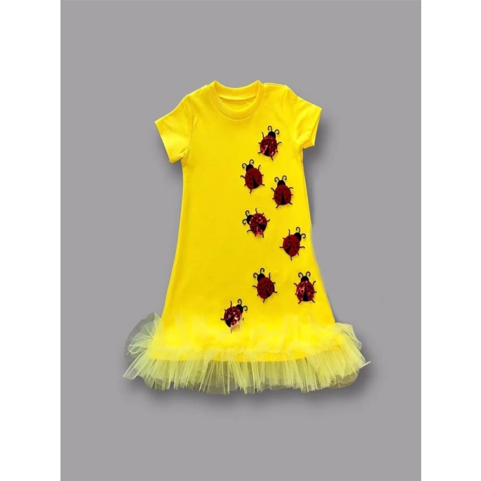 Lenaca 1-2-3 Yaş Uğur Böceği Nakışlı Fırfır Uçlu Kız Çocuk Jile Elbisesi