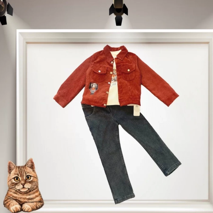 Lenaca 3-4-5 Yaş Fitilli Kadife Ceket Kot Pantolonlu 3lü Kız Erkek Çocuk Takımı