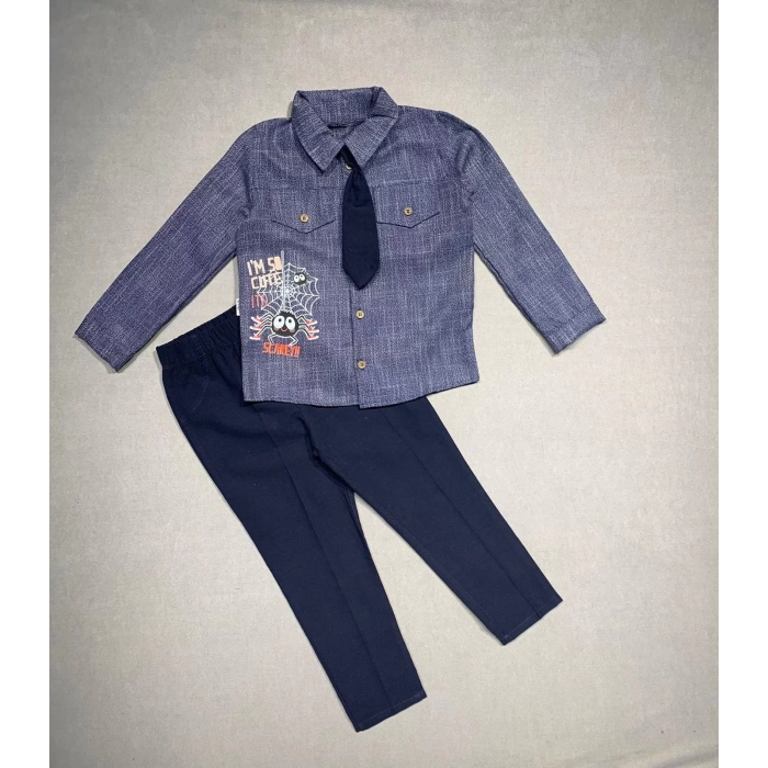 Lenaca 3-4-5 Yaş Kravatlı Keten Gömlek Gabardin Pantolon Uzun Kollu 3lü Erkek Çocuk Takımı
