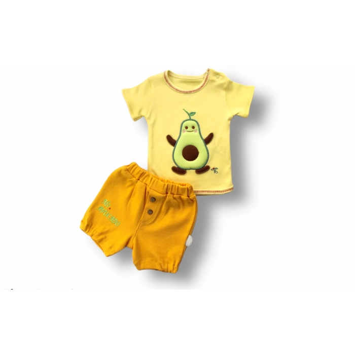 Lenaca 3-6 6-9 9-12 12-18 Ay Avokado Nakışlı Kısa Kollu Sweatli Şortlu 2li Kız-erkek Bebek Takımı