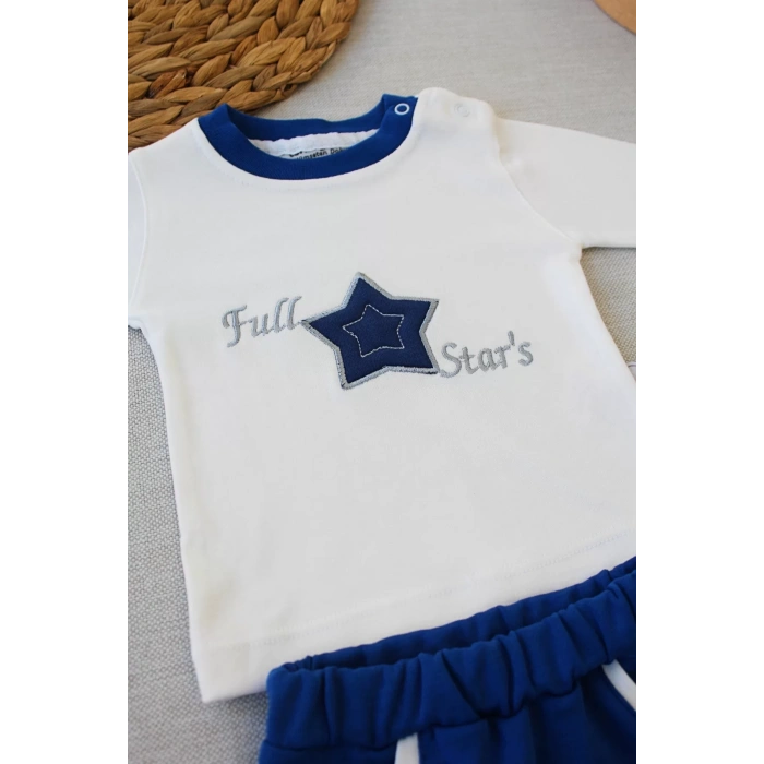 Lenaca 3-6 6-9 9-12 Ay Full Star Nakışlı Şapkalı Uzun Kollu Sweat 3lü Erkek Bebek Takımı