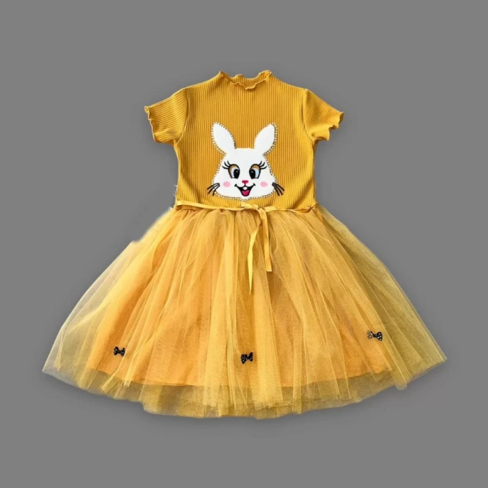 Lenaca 5-6-7 Yaş Payetli Tavşan Baskılı Kız Çocuk Elbisesi Hardal