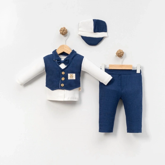 Lenaca 6-9-12-18 Ay Yelek Detaylı Kasketli Uzun Kollu Mevsimlik 3 Lü Erkek Takımı