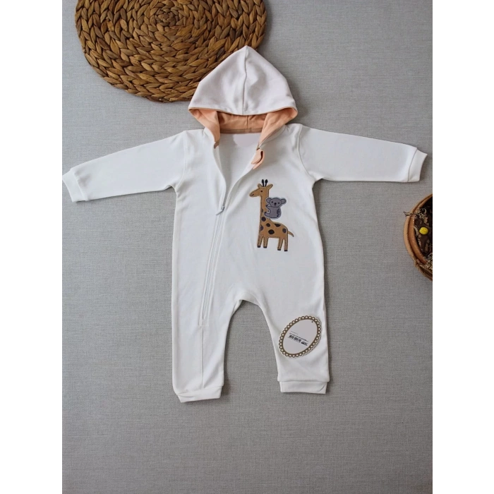 Lenaca 6-9 9-12 Ay Ef Çizgi Boy Fermuarlı Zürafa Nakışlı Kapşonlu Kız Erkek Bebek Tulumu