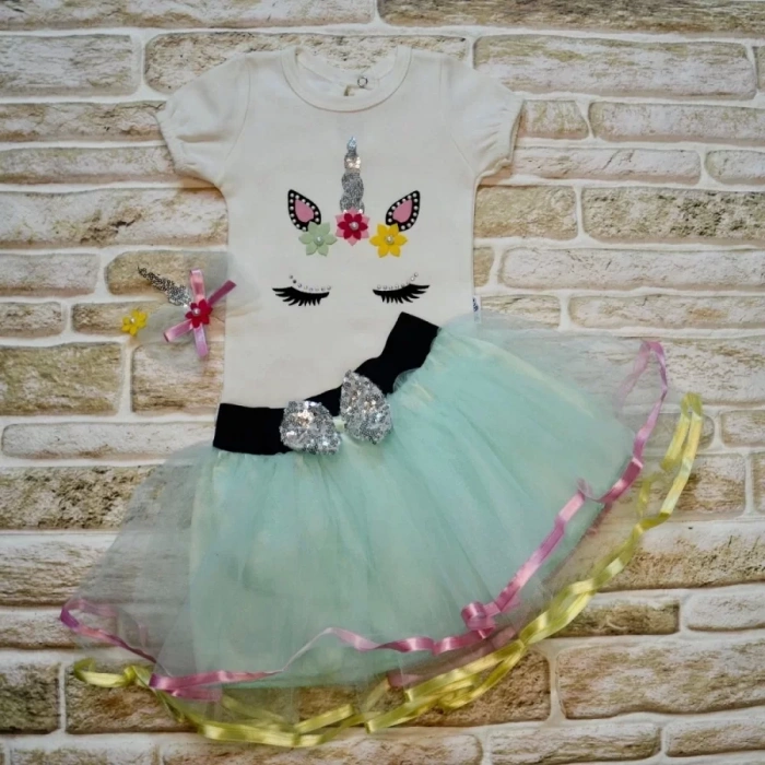 Lenaca 9-12-18 Ay Payetli Pony Nakışlı Tokalı Kısa Kollu Tütü Etek 3lü Kız Bebek Takımı