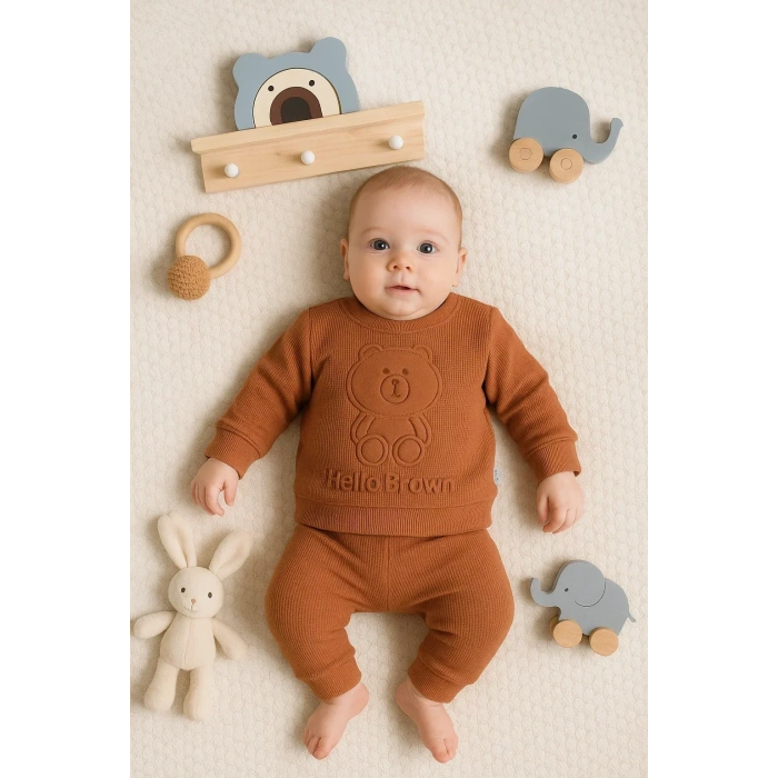 Lenaca Bear Gofre Kabartmalı 2li Erkek Bebek Takımı