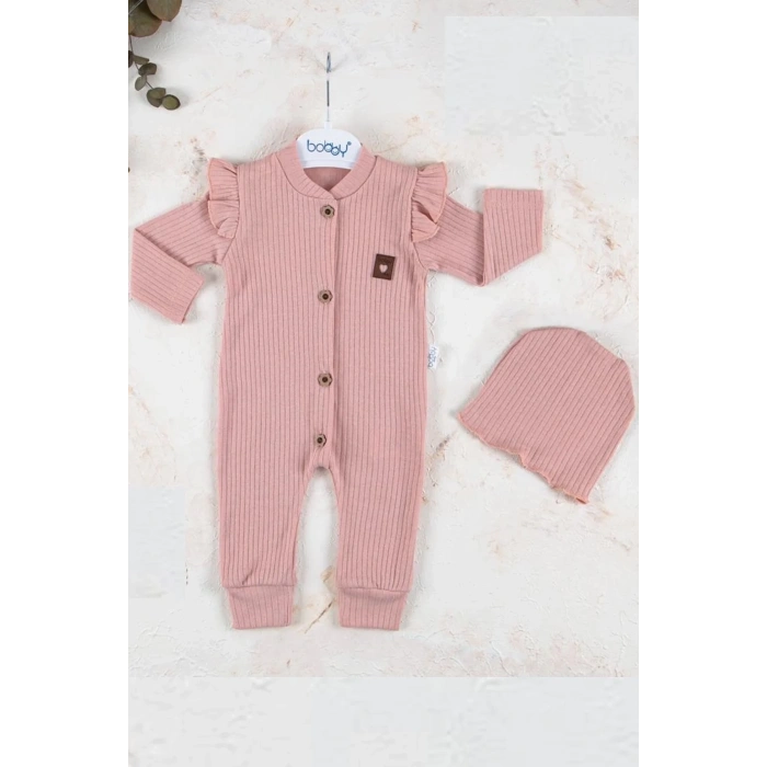 Lenaca Boydan Düğmeli Şapkalı % 100 Pamuk Kız Bebek Tulumu