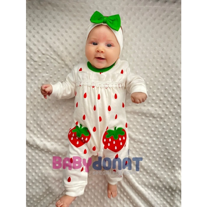 Lenaca Çilek Nakışlı % 100 Pamuk Kız Bebek Tulumu