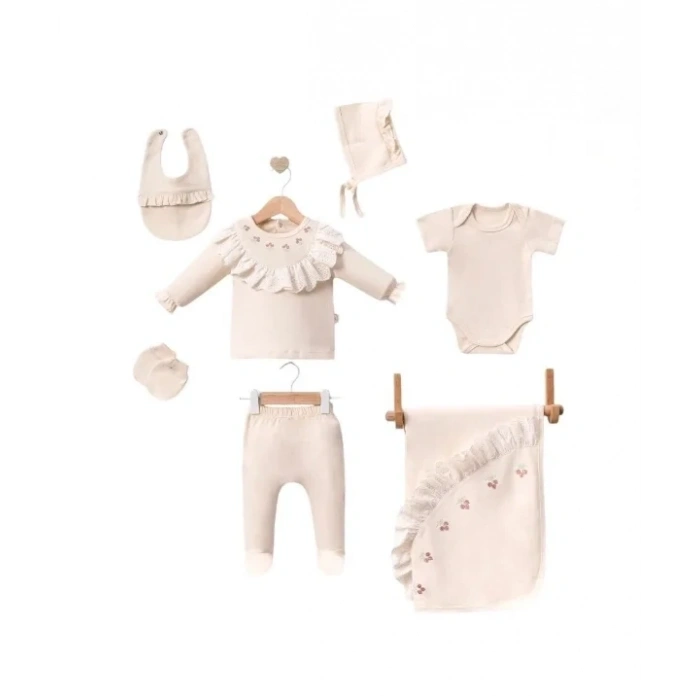 Lenaca Dantel İşlemeli Lale Desenli 7 Parça Hastane Çıkış Seti %100 Pamuk