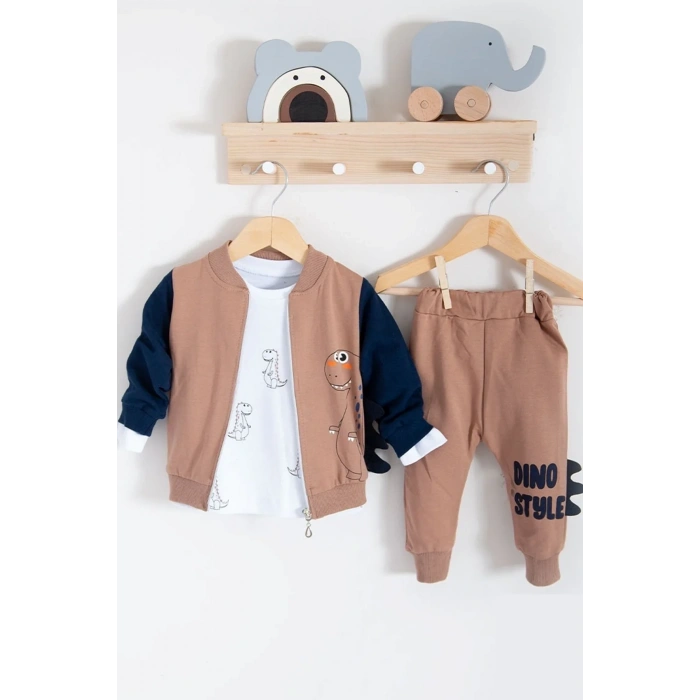 Lenaca Dinazor Desenli Hırkalı 3lü Erkek Bebek Takım