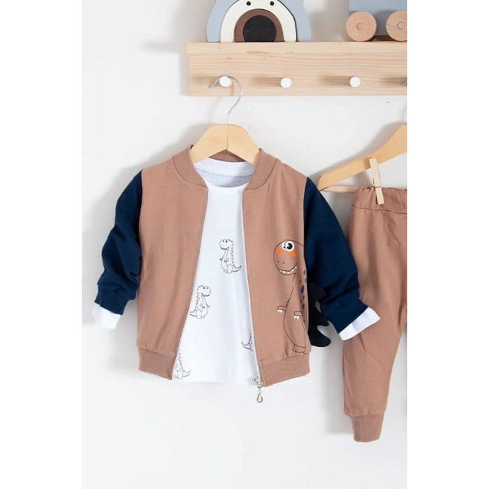 Lenaca Dinazor Desenli Hırkalı 3lü Erkek Bebek Takım