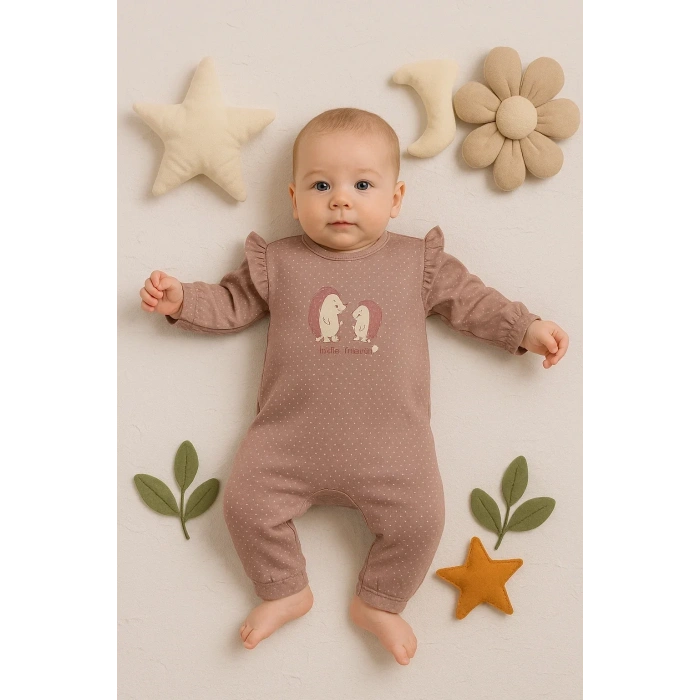 Lenaca Kirpi Nakışlı % 100 Pamuk Kız Bebek Tulum